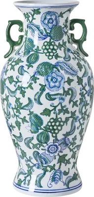 Produktbild von BELIANI Blumenvase Weiß Blau u. Grün Porzellan 47 cm Hoch Groß Gewölbt Handgemacht Pflanzenmotiv Chinesische Vase Amphore Keramikvase Bodenvase
