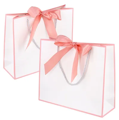 Geschenktüten 15 Stück, weiß mit rosa Schleife, 30x25x10 cm