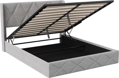 Immagine prodotto di letto 160x200 cm con contenitore, illuminazione LED e testata, letto imbottito con rete a doghe, letto matrimoniale, grigio