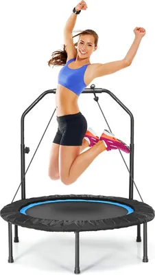 Obrázok produktu pre KOMFOTTEU 2 v 1 fitness trampolína, Ø 101 cm, záhradná trampolína s výškovo nastaviteľnou rukoväťou a 2 odporovými páskami, skladacia mini trampolína do 150 kg s možnosťou zaťaženia pre interiér exteriér, čierna + modrá