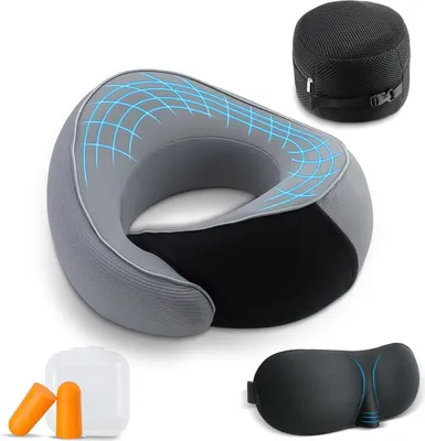 Produktbild von Reisekissen aus Memory-Schaum mit Nackenstütze, Schlafmaske und Ohrstöpseln; ergonomisches Flugzeugkissen; grau