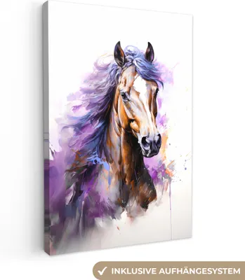Produktbild von MuchoWow® - Leinwandbilder - Pferd - Tiere - Mädchen - Lila - Braun, Wandbild, Wanddeko Bilder Wohnzimmer, 80x120cm