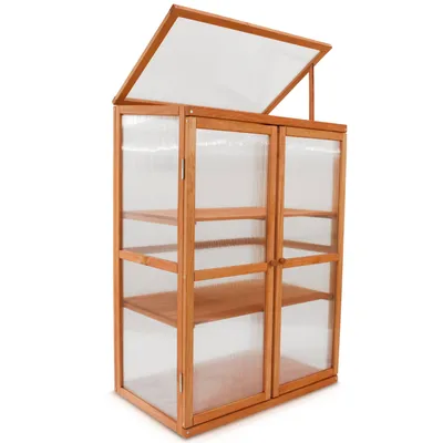 A wooden greenhouse with clear panels and shelves, shown against a white background.