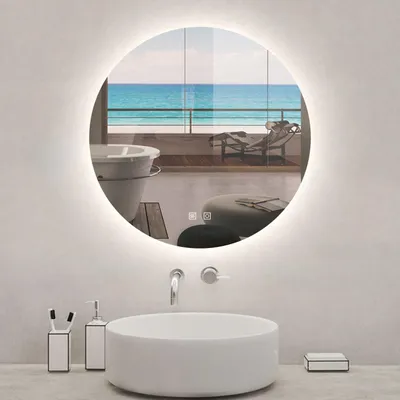 Image de Miroir de salle de bain LED rond 90cm avec rétro-éclairage, tricolore + anti-buée + mémoire + gradation infinie