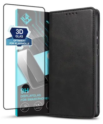 Produktbild von Handyhülle für Samsung Galaxy S23 Ultra mit 9H Displayglas Kunstleder Flip Cover Hülle Klapphülle Case Kartenfach Farbe: Schwarz