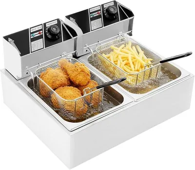 Productafbeelding van Friteuse 12 liter, roestvrij staal, dubbele frituur met manden, 2 x 2500W, instelbare temperatuur 60–200 °C, frituur met olie voor thuisgebruik, restaurants en snackbars