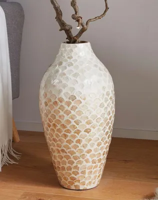 Produktbild von große Dekovase "Capiz" Bodenvase aus Bambus 50 cm hoch, Blumenvase mit Muscheln, Vase für Trockenblumen, Gräser, Äste
