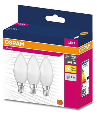 Obrázok produktu pre Žiarovka OSRAM LED VALUE CLB40 E14 4,9W/827 3balenie BASECLB40 sviečka
