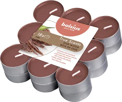 Produktbild von Bolsius Duftteelichter Oud Wood, Höhe 1,15 cm, Ø 3,1 cm, 18er Pack