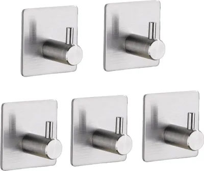 Produktbild von TECBULL® 5 massive Edelstahl Klebehaken - Gebürstet, Handtuchhaken fürs Bad selbstklebend, Handtuchhalter ohne Bohren, Hochwertige Wandhaken rostfrei