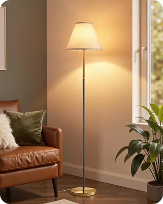 Produktbild von EDISHINE Stehlampe Wohnzimmer, Baumwoll-Leinenschirm, Retro, 2700K, Beige, Inkl. LED-Glühbirne, E27-Fassung, Metallgestell, Fußschalter