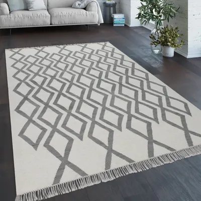 Immagine prodotto di Tappeto soggiorno stile boho con frange tessuto a mano misto lana e cotone grigio crema dimensioni 160x230 cm