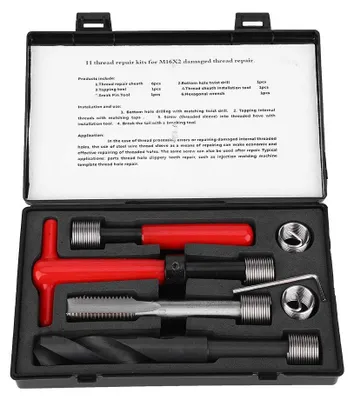 Produktbild von Reparatursatz für Gewinde M16x2 - Spiralfutter aus Edelstahl - Innensechskantschlüssel - Gewindebohrer - Ausbrechwerkzeug - Langlebiges Material - Satz für Gewindebearbeitung