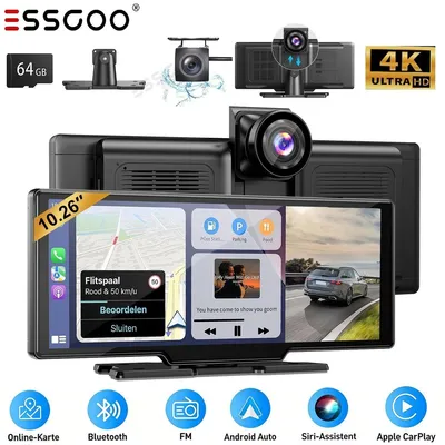 Zdjęcie produktu dla Lusterko wsteczne z monitorem, kamera samochodowa, radio samochodowe, Android Auto, Apple CarPlay, Wi-Fi, 10-calowy ekran dotykowy, przednia kamera 4K, tylna kamera 1080P, 2 kanały, 64GB pamięci