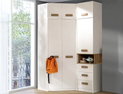 Produktbild von DESIGN MÖBEL Eckkleiderschrank Set Gustavo 12 mit Schrankerweiterung 40 cm – Eckschrank mit Regal, Kleiderschrank, Einlegeböden, Weiß/Eiche Riviera