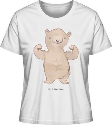 Produktbild von Mr. & Mrs. Panda Oberteil Damen Bär Bodybuilding Größe M - Weiß - Geschenk, Sport, Muskelmasse, Leistungssport, Basic T-Shirt, shirt, Körpergestaltung, Baumwoll