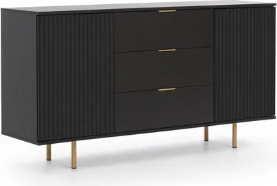 Produktbild von Kommode Nubia K2D3SZ mit drei Schubladen und zwei Türen, gefräste Fronten, Sideboard (Farbe: Schwarz + goldene Beine)