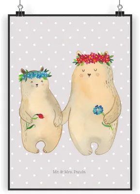 Produktbild von Mr. & Mrs. Panda Bild Bären mit Blumenkranz DIN A5 - Grau Pastell - Geschenk, Deko, Lieblingsmensch, Kunstdruck, drucke, wanddeko, Family, Muttertag, Familie, Plakat