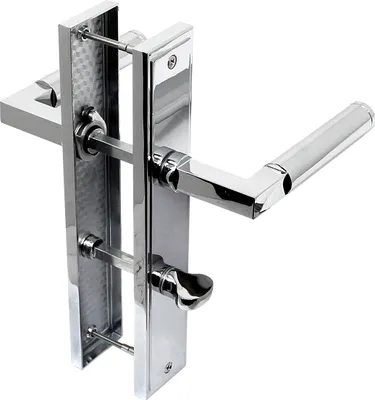 A chrome door handle set on a white background.