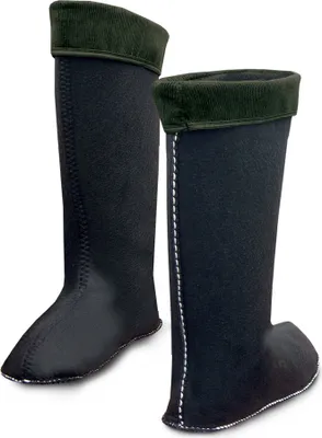 Two black boots with green trim at the top, shown from a slight angle against a white background.