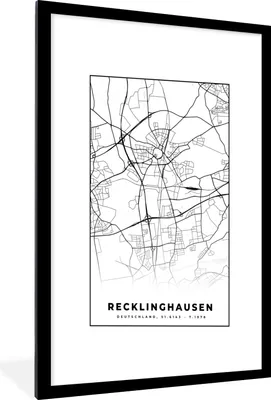 Produktbild von MuchoWow® Gerahmtes Poster Karte - Recklinghausen - Karte - Stadtplan 60x90 cm - Poster mit Schwarzem Bilderrahmen Wandposter Rahmen Foto Bilder - Dekoration - Wandposter Wohnzimmer - Hochwertig