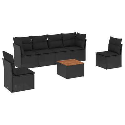 Image de vidaXL Ensemble de salon de jardin 7 pièces avec coussins noir poly rotin