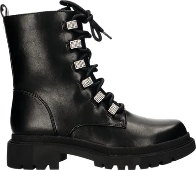 A black lace-up boot with rhinestone details.