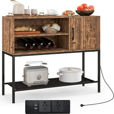 Produktbild von Sideboard mit Ladestation, Retro-Kaffeebar mit unterer Ablage, 2-stufigem offenem Regal, Türschrank & stabilem Metallrahmen, Konsolentisch für Küche