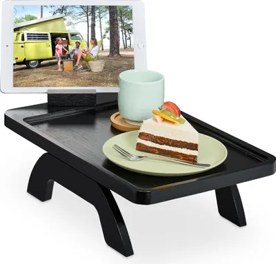 Immagine prodotto di Vassoio da divano Relaxdays, da bracciolo, in bambù, con supporto per cellulare, A x L x P: 12 x 40,5 x 25 cm, vassoio da divano per bevande, nero