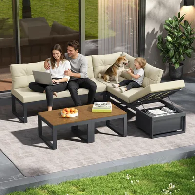 Produktbild von Gartenmöbel-Set mit Stauraum & Komfortpolstern – Terrassenmöbel mit 3-stufig verstellbarer Rückenlehne & Liegefunktion, Beige