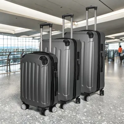Produktbild von Set mit 3 Hartschalenkoffern aus ABS, Grau, 20"/24"/28" – Handgepäck & Aufgabegepäck, Zahlenschloss, Teleskoptrolley, 4 x 360°-Rollen