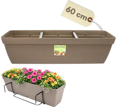 Produktbild von Blumenkasten Balkon Balkonkasten mit Halterung Blumenkasten mit Wasserspeicher Blumentopf Balkongeländer Blumenkastenhalterung Balkon Pflanzkasten Taupe 60 cm
