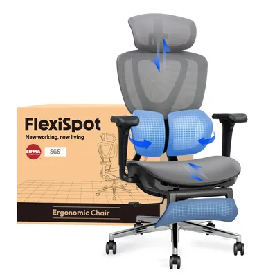 Produktbild von FLEXISPOT Sentinel Ergonomischer Bürostuhl mit Dual-Wing-Lendenstütze, 3D-Kopfstütze & Armlehnen, Fußstütze, Verstellbare Sitztiefe (Grau)