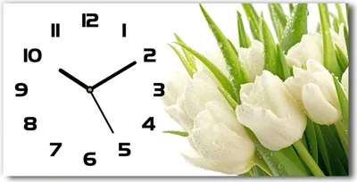 Produktbild von Wanduhr aus Glas – 60x30 cm - Glasbild - Glasuhr - Gehärtetes Glas - schwarze-zeiger - Weiße Tulpen