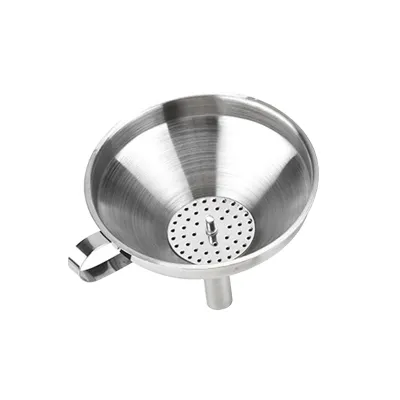 A stainless steel funnel with a removable filter is shown against a white background.