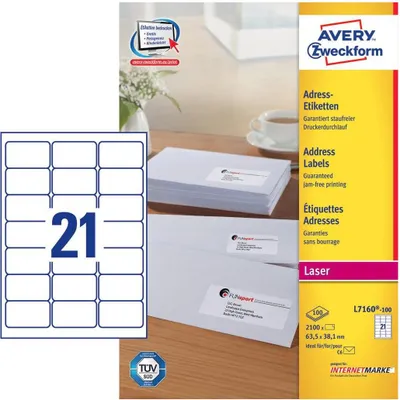 Obrázek produktu pro Avery L7160-100, Bílá, Zaoblený obdélník, Permanentní, Papír, Laser, 21 kusů