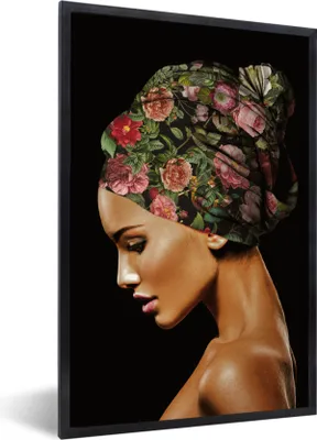 Produktbild von MuchoWow® MuchoWow® Gerahmtes Poster Frau - Kopftuch - Blumen 20x30 cm - Poster mit zchwarzem Bilderrahmen - Drucken - Bilder Poster im Rahmen