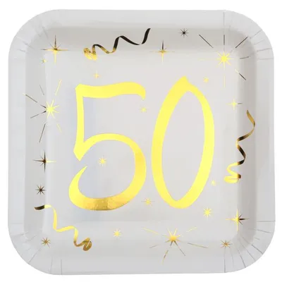 Produktbild von 10 Papp-Teller Geburtstag 50 weiß-gold