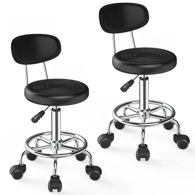 Image de lot de 2 tabourets pivotants Tabouret de coiffure avec dossier, tabouret à roulettes, pivotant à 360°, réglable en hauteur Noir