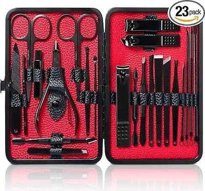 Produktbild von Maniküre Set, 23 Teiliges Nagelset Männer, Nagelschere Set, Nagelpflegeset Nageletui Herren Nagelknipser Edelstahl Tragbarer Pflege Werkzeuge aus Schwarzem Leder für Reise (Schwarz Rot)