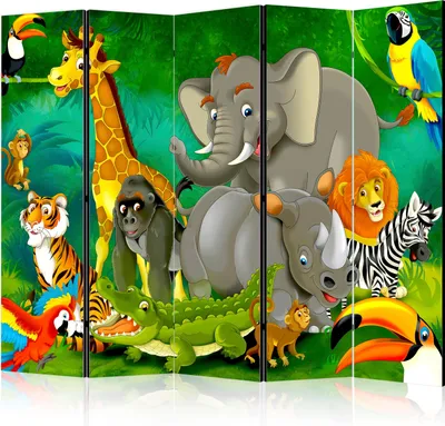 Produktbild von 5-teiliger Einseitiger Vlies Paravent - Colourful Safari II 225x172 cm Für Kinder e-B-0007-z-c