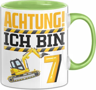 Produktbild von 7. Geburtstag Geschenk Tasse Becher Jungs Baustelle Geburtstagsgeschenk Achtung Ich Bin 7 (Grün)
