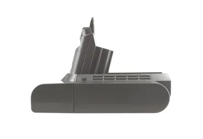 A side view of a gray vacuum cleaner battery pack on a white background.