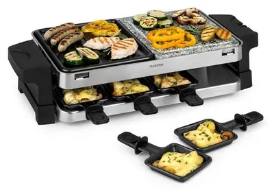 Raclette-Grill 2-in-1, 1500 W, Alu- & Natursteinplatte, 8 Pfannen