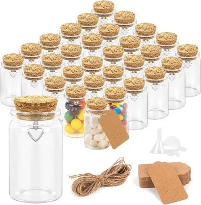Produktbild von 30 Mini-Glaskrüge mit Kork - 36 ml kleine Glasflaschen - Herzformhaken - Etiketten - Trichter - Hanfstrang - Gastgeschenk - Hochzeitsfeiertagsdekoration