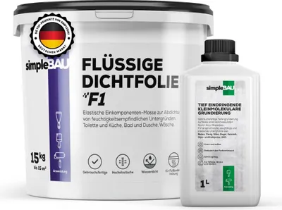 Produktbild von SimpleBau Dichtmasse Wasserdicht F1 15 kg und Tiefengrund 1L , Abdichtmasse und Grundierungssystem für Bad, Dusche, Fliesen und Fußbodenheizung