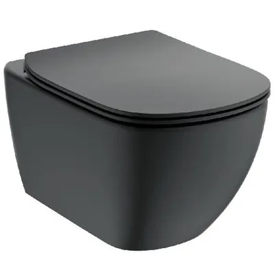 A black wall-mounted toilet with the lid closed, shown from a three-quarter angle against a white background.