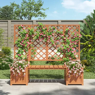 Produktbild von MODFU   Pflanzkübel，Blumenkübel mit Spalier als Rankhilfe，Holz Pflanzgefäß ，Blumenkasten，Pflanzkübel mit Spalier und Sitz für Garten Hof Terrasse ，Braun