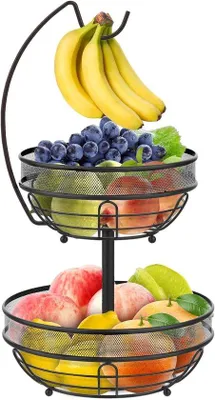Produktbild von Famanu Obstschale mit zwei Etagen - Frucht-Organizer mit Bananenhalter - Schwarz