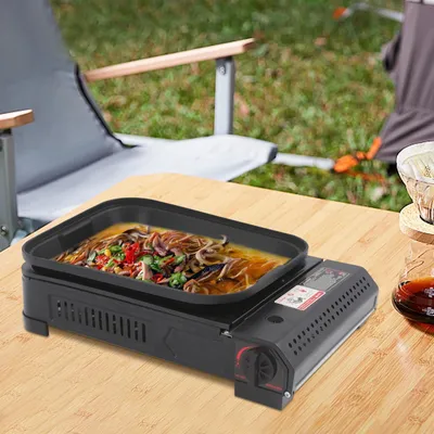 Produktbild von Tragbarer Butangasgrill - Gasgrill/Gaskocher - 37 cm Antihaft-Grillpfanne - Gehärteter Glasdeckel - Für Camping/Picknick/BBQ - Schwarz